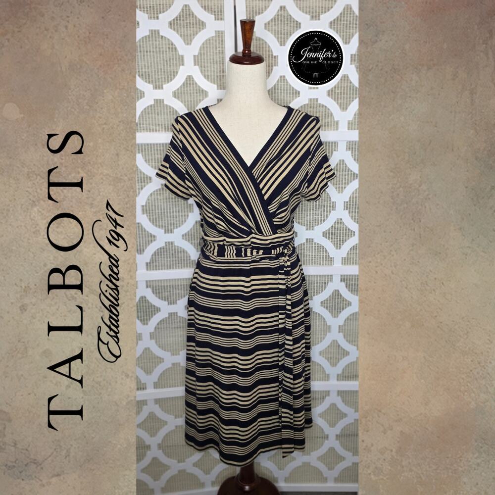 Talbots Women's Navy & Tan Stripe V-Neck Faux Wrap Midi Dress Size Medium